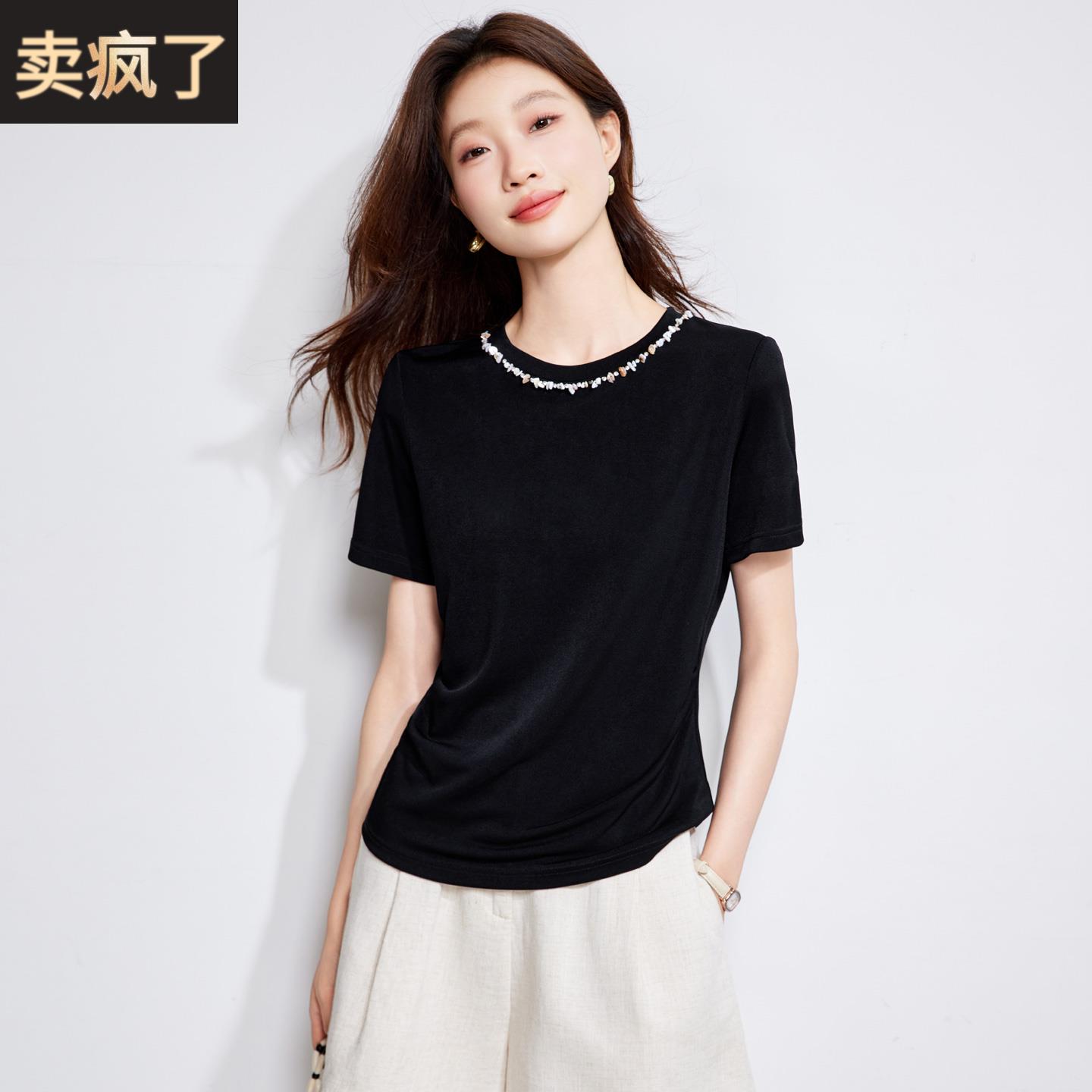 法式休闲醋酸黑色短袖T恤女夏季2025新款修身显瘦正肩体恤上衣薄