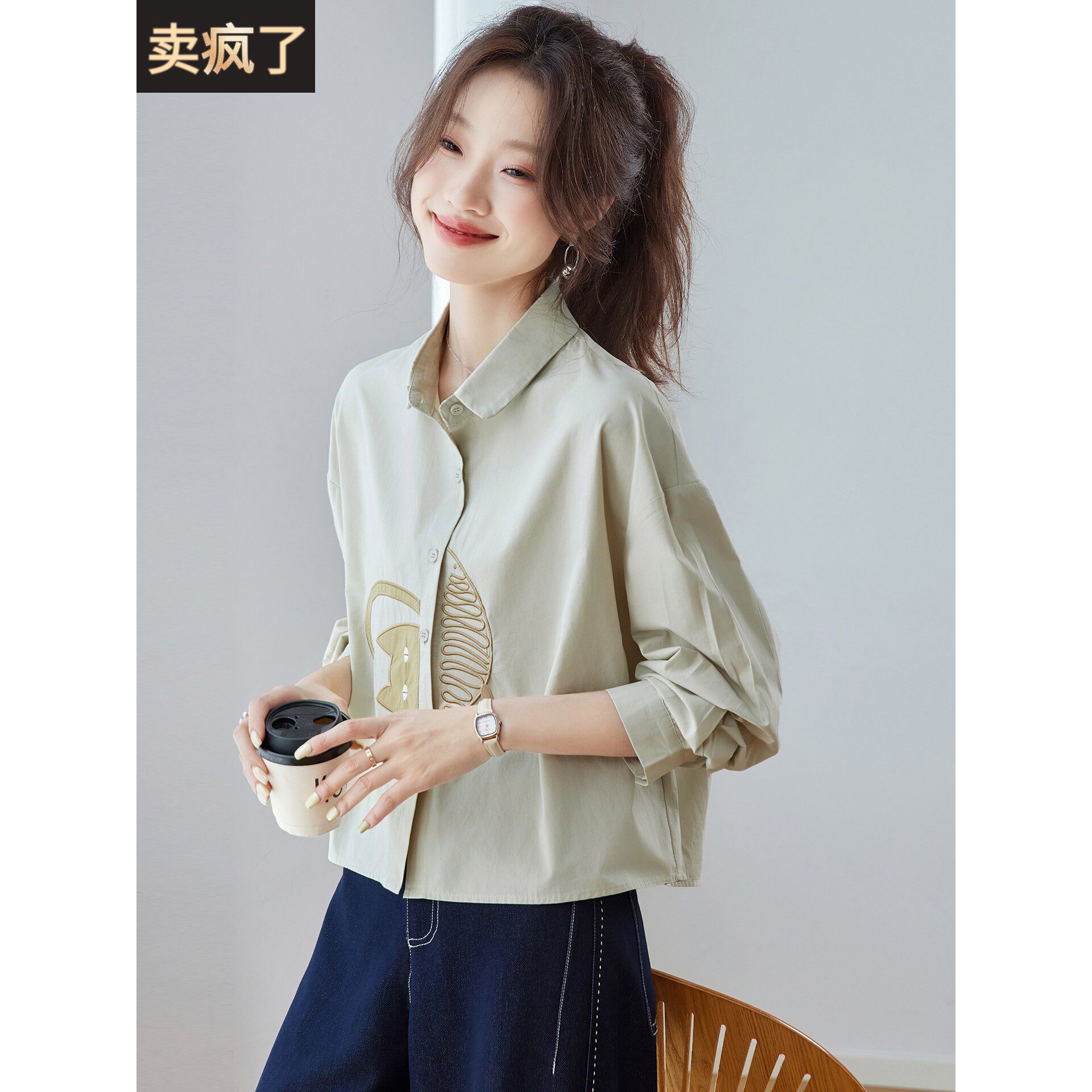 小个子短款高腰长袖衬衫上衣女2025新款春秋装宽松慵懒风纯棉衬衣