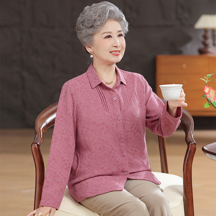 中老年女纯棉长袖翻领衬衫春秋
