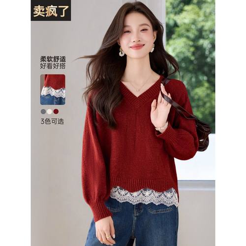 2025新款秋冬小个子短款高腰红色毛衣打底衫女宽松蕾丝边针织上衣