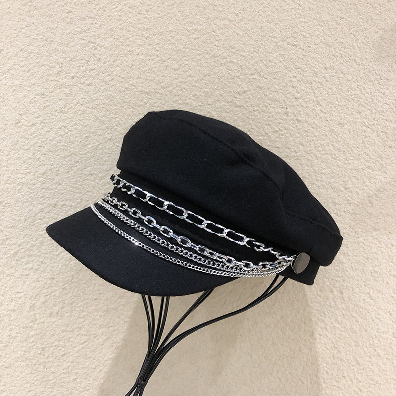 新款黑链条欧美风毛呢海军帽子女百搭平顶短檐报童逛街保暖八角潮