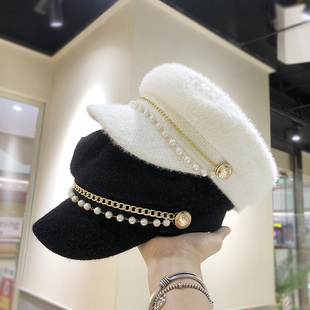 新款毛线秋冬珍珠贝雷八角帽女英伦平顶报童帽韩版百搭鸭舌帽子潮