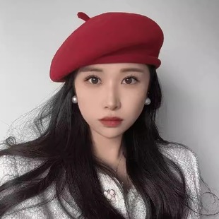 安哥拉红色羊毛呢贝雷帽子女冬季百搭气质显脸小画家帽复古保暖潮