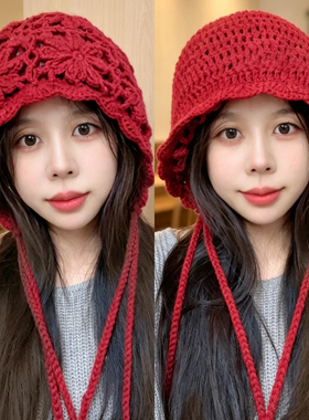 秋冬红色钩花镂空包头针织帽女