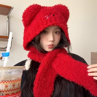 韩版刺绣甜美围巾一体毛线帽子护耳巴拉克拉法帽子女可爱小熊帽冬