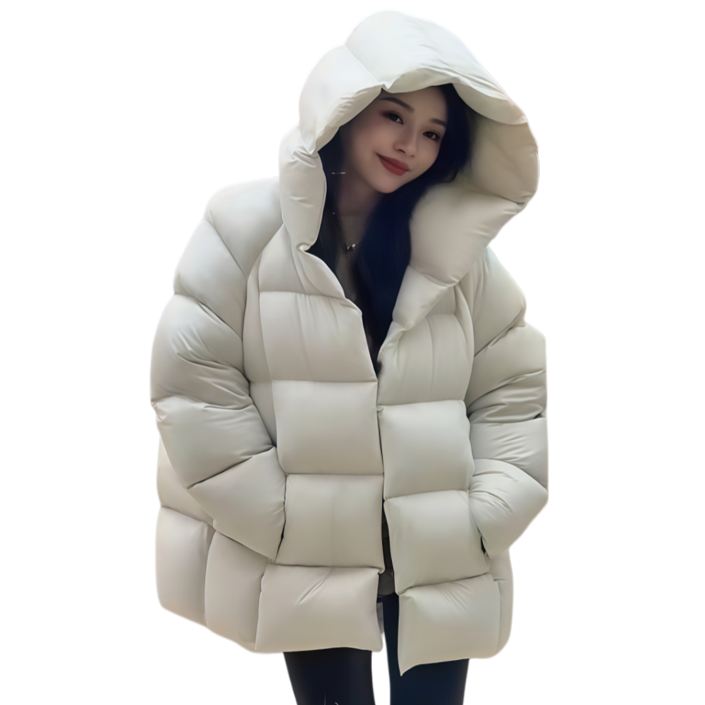 中长款浅灰色连帽直筒羽绒外套女