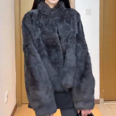 短款黑色立领毛绒皮毛一体外套女