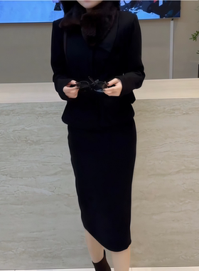 收腰黑色毛呢外套半身裙两件套女
