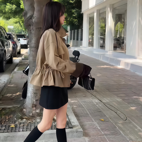卡其色立领松紧抽绳收腰短外套女