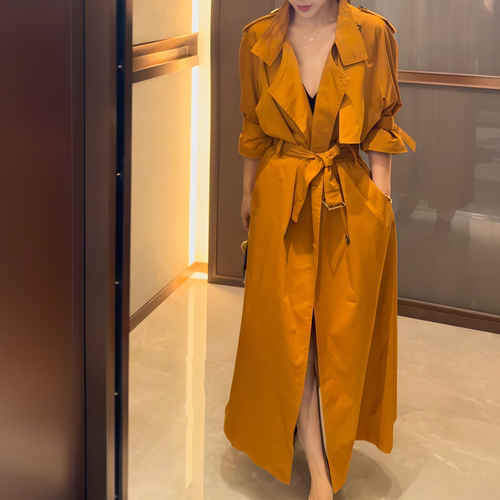 长款立领系带橘黄色风衣外套女