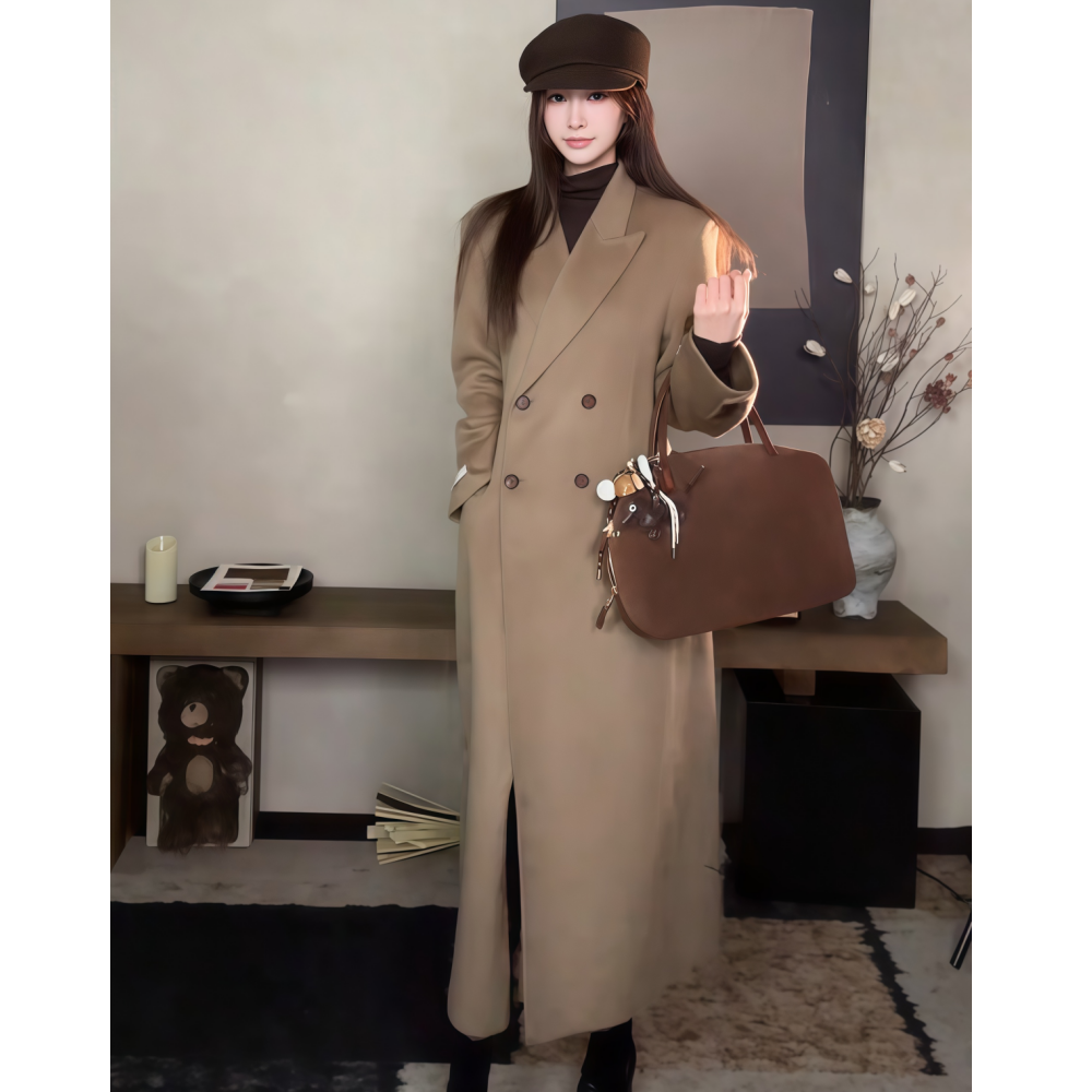 显瘦长款卡其色毛呢西装外套女装