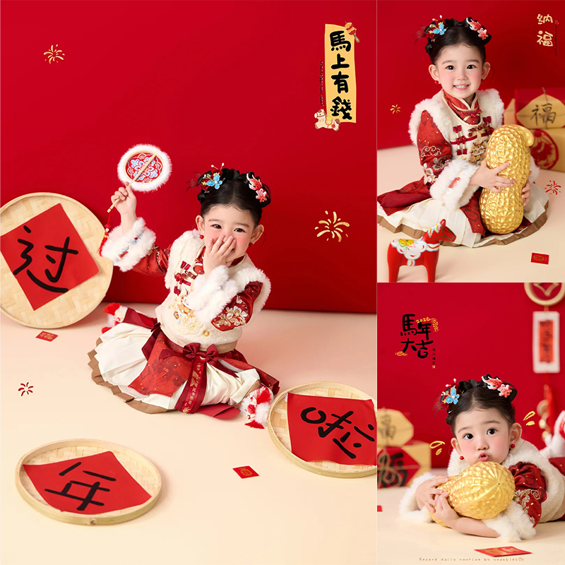 新年儿童摄影服装女童中国风写真拍照衣裙子影楼马年中式主题道具