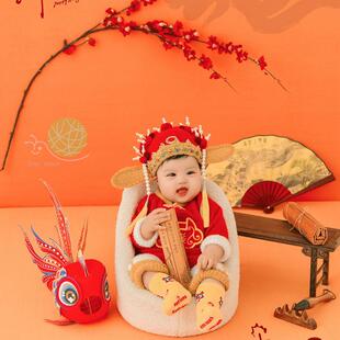 儿童摄影服装百天婴儿拍照衣服周岁国潮红色套装影楼新年主题道具