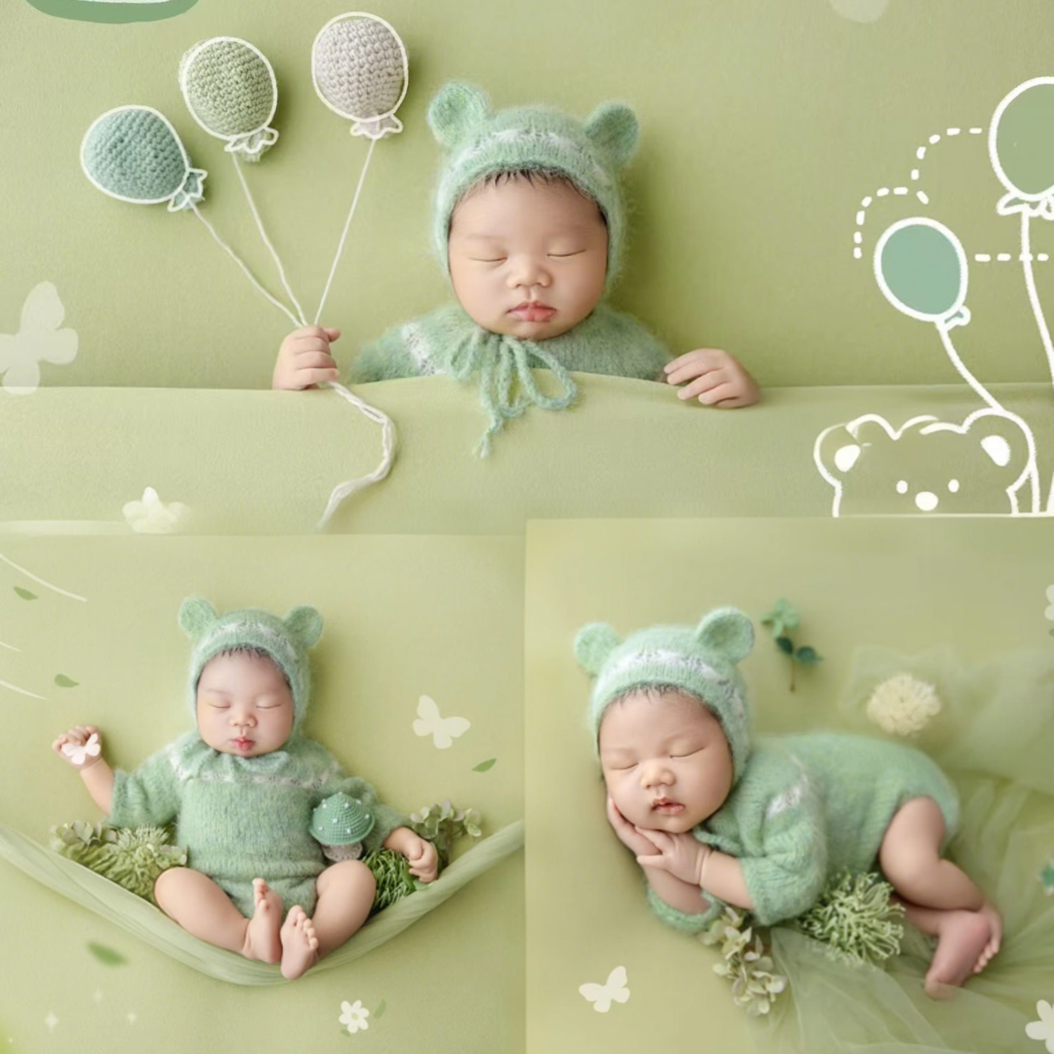KD道具新生儿摄影服装初生宝宝拍照衣服影楼绿色小熊主题新款正版