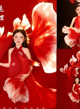 2026年影楼新款锦鲤主题儿童摄影服装红色新年中国红中式艺术裙子