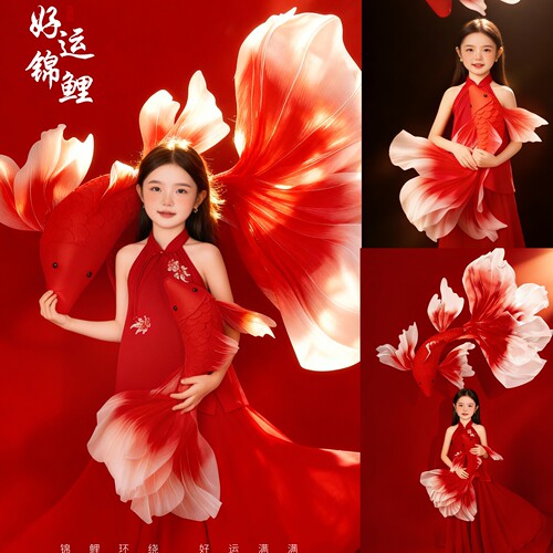 2026年影楼新款锦鲤主题儿童摄影服装红色新年中国红中式艺术裙子