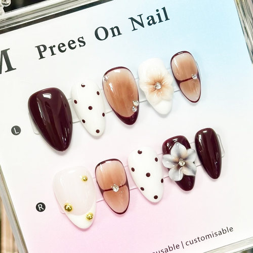 3D花朵摩卡棕色穿戴甲欧美辣妹ins美甲贴片press on nails
