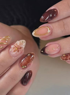 棕红色琥珀鎏金3D穿戴甲跨境外贸爆销美甲贴片花朵fake nails