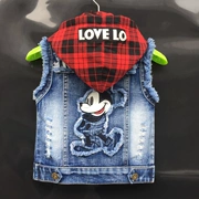 Áo vest trẻ em denim mùa thu và mùa đông trùm đầu không tay áo vest lỗ áo vest Mickey bé denim vest - Áo ghi lê