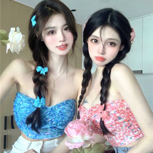 气质甜美碎花抹胸背心夏季吊带辣妹修身短款显瘦外穿小众针织上衣