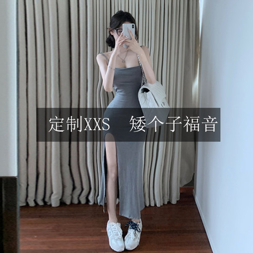 矮个子145XXS夏性感纯欲蕾丝露背修身包臀开叉长款吊带连衣裙女