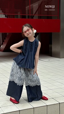 夏季新款女童可亲子牛仔蓝 背心+直筒裤 2件套套装 110-170 379元