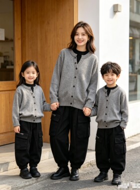 秋冬 男女童可亲子 深灰拼黑色 假两件圆领套头毛衣针织衫 289元