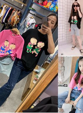 Half modern 男童女童可亲子粉色黑色 娃娃 圆领短袖T恤 150