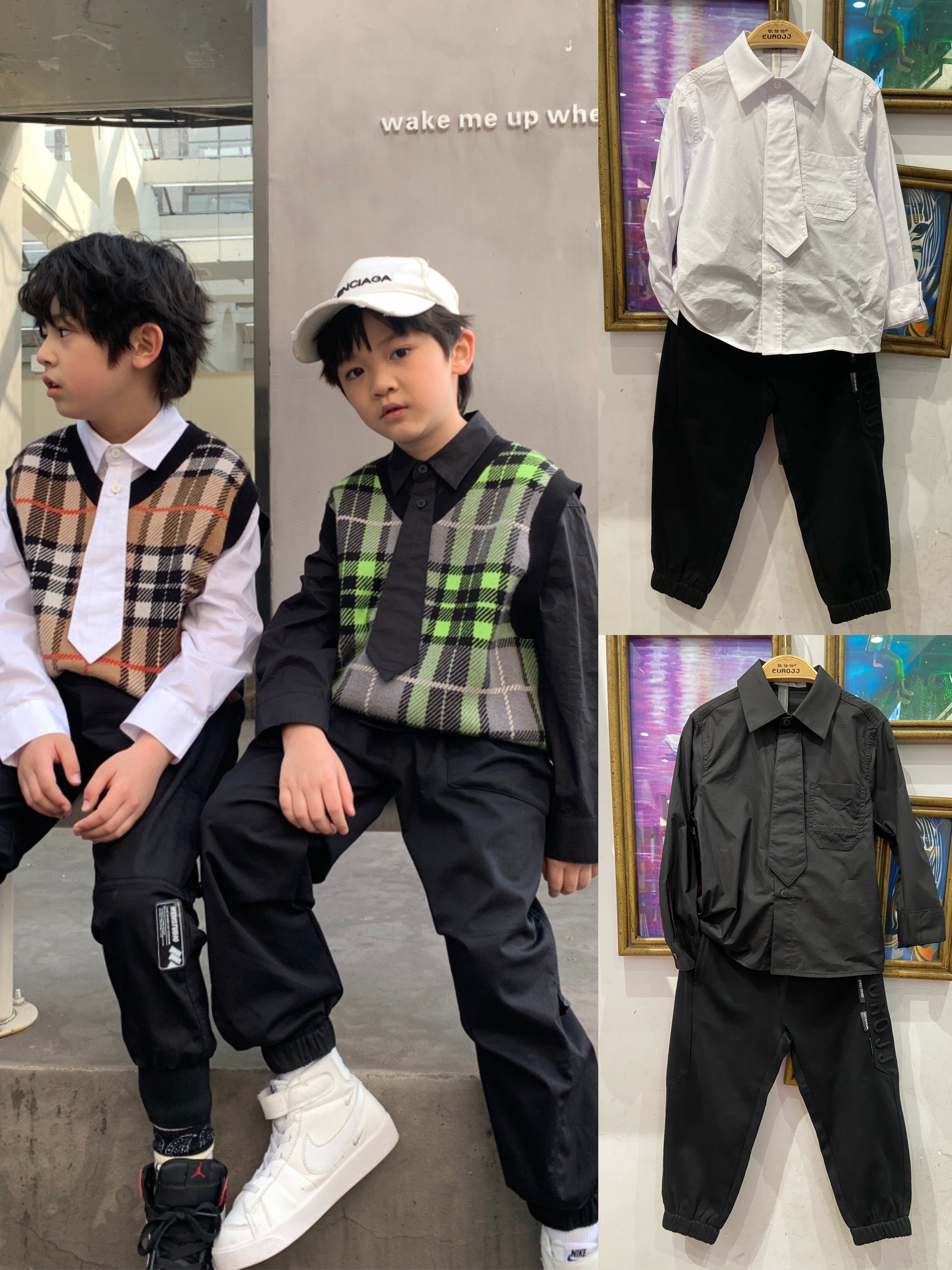 秋装新品 男童女童 黑色 白色 领带一体 翻领长袖衬衫 279元