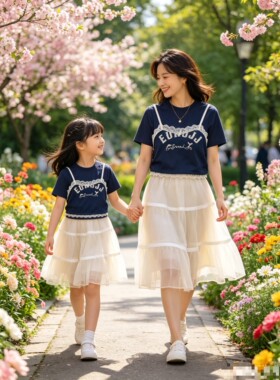 夏季新款 女童可亲子 藏青 短袖T恤+网眼吊牌 2件套套装 199元