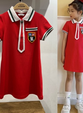 夏装新款 女童 学院风 红色 夏季A字裙翻领短袖连衣裙 239元