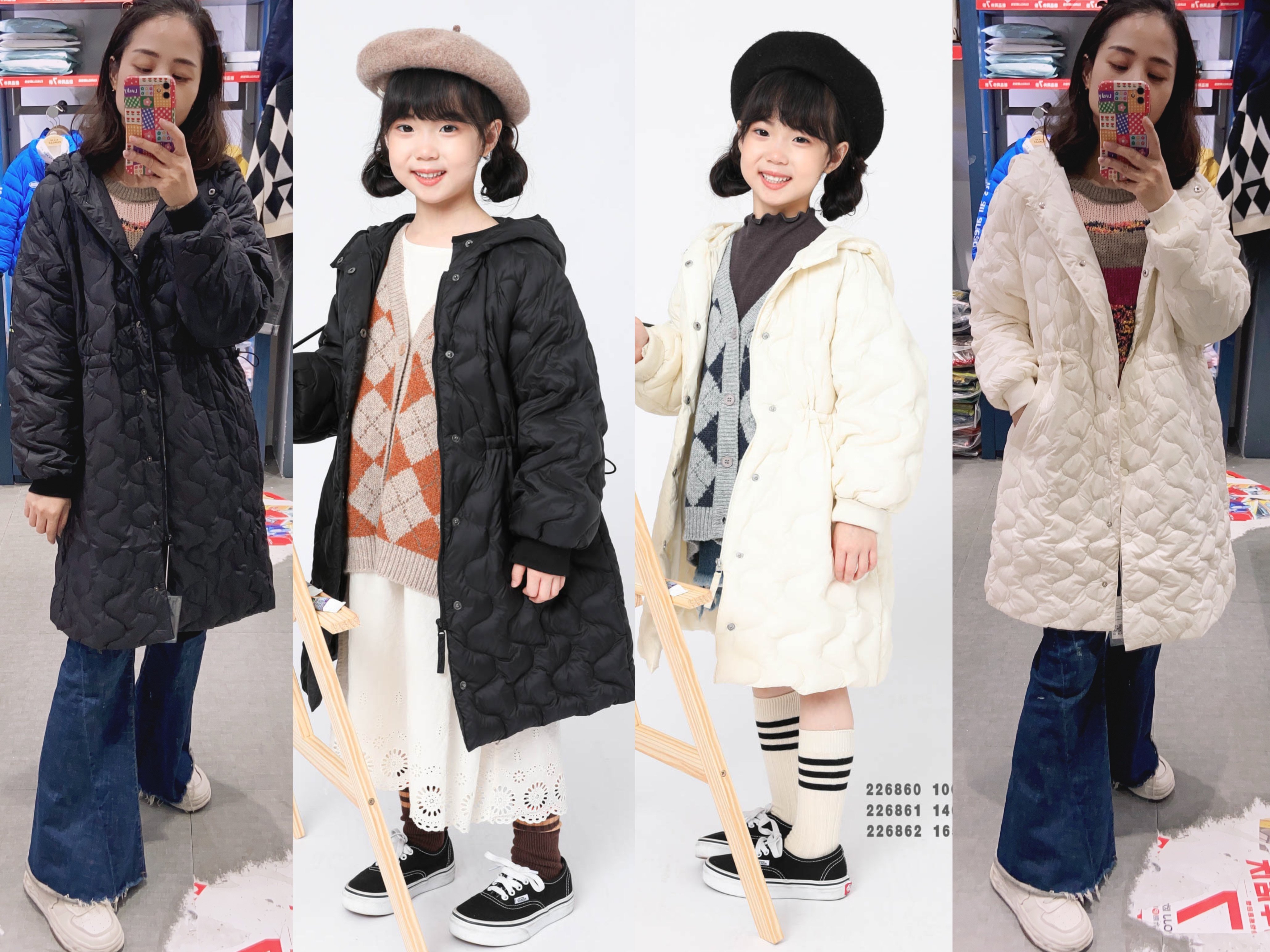 冬年装 男童女童 黑色米白 带帽中长轻薄羽绒服 288 358 428