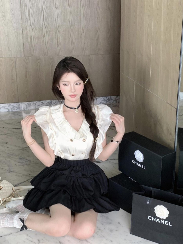 新款韩系高级感V领双排扣修身上衣+纯欲辣妹高腰半身短裙两件套女