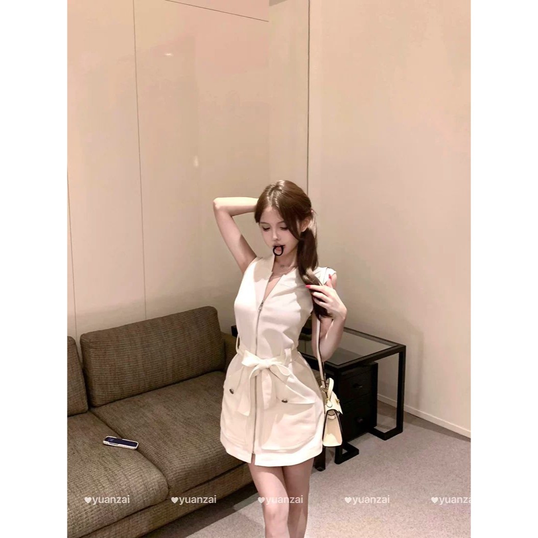 老钱风白色拉链无袖连衣裙女装夏季系带收腰a字裙子气质显瘦短裙