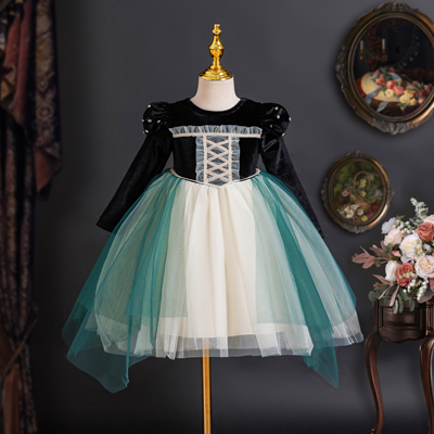 冰雪奇缘安娜公主裙女童秋冬长袖丝绒礼服 森系绿渐变蓬蓬纱生日