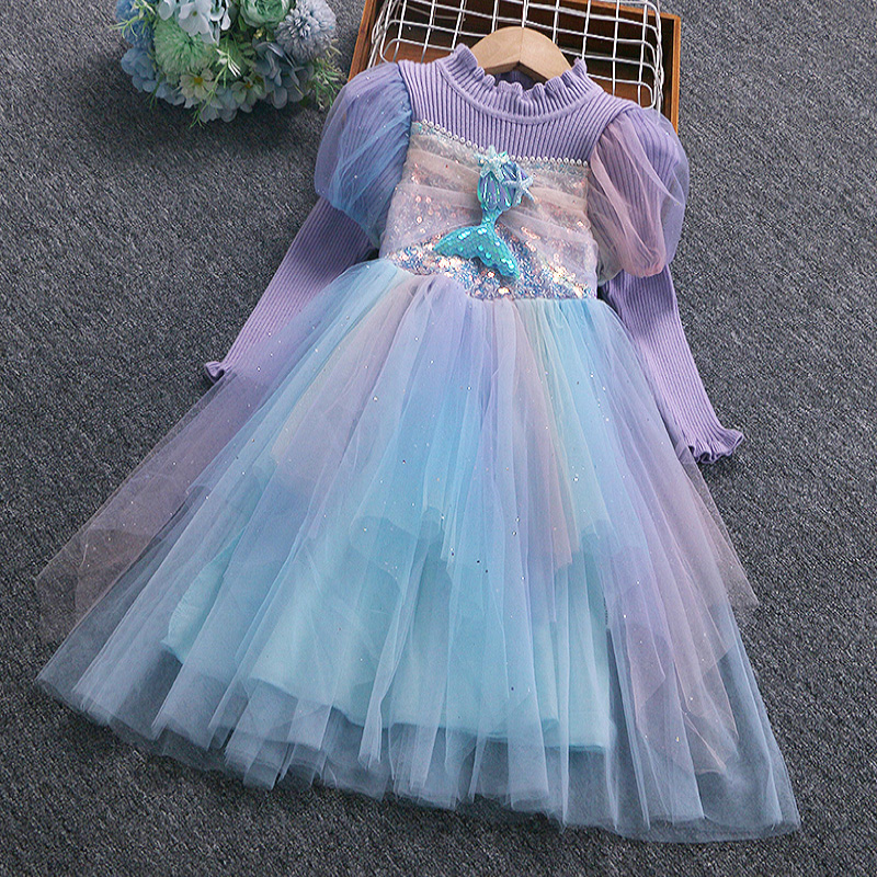 女童美人鱼公主裙秋冬儿童加厚毛衣裙小女孩洋气生日礼服蓬蓬裙子