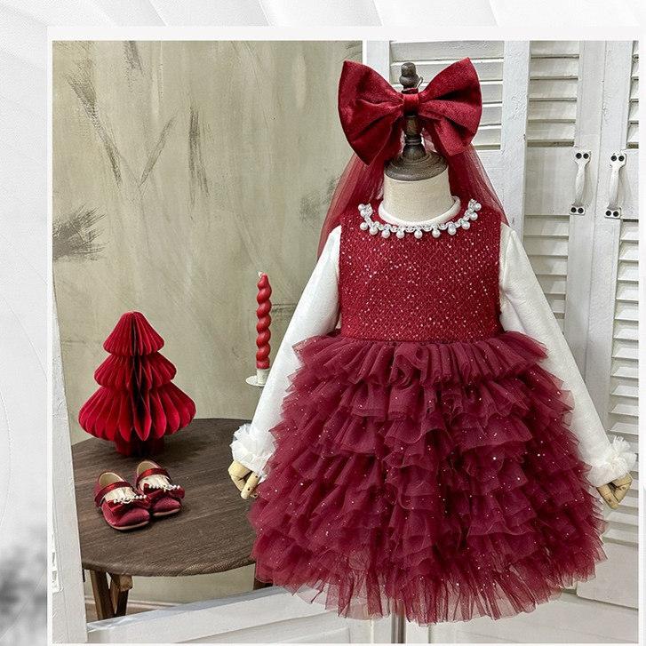女童连衣裙2025年冬时髦珍珠红色加绒背心蛋糕裙子两件套周岁年服