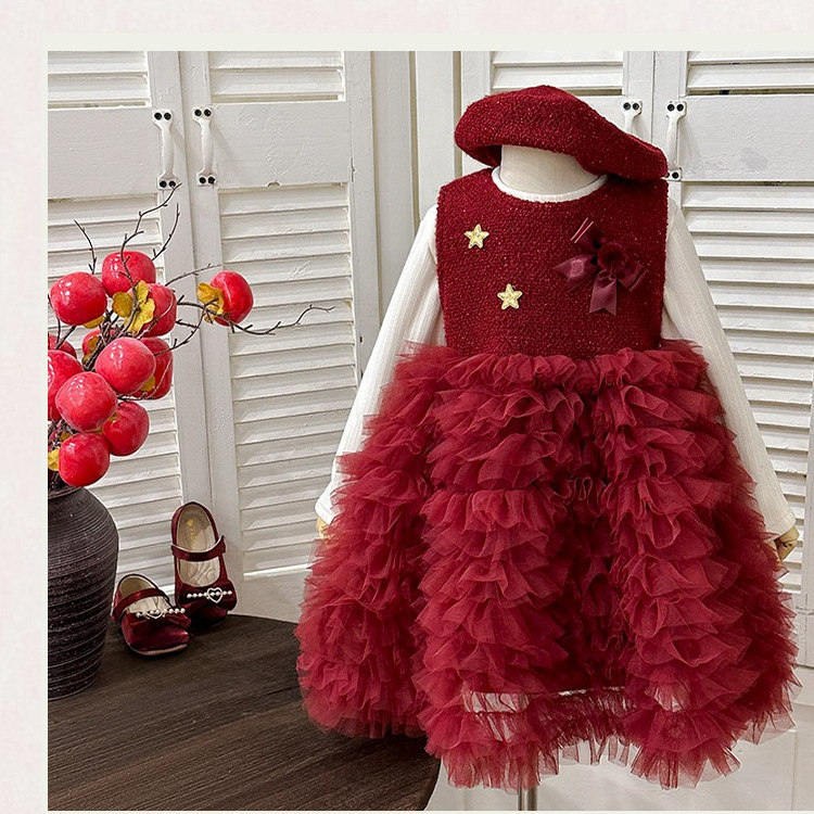 女童加绒套装2025冬季新款红色亮片蓬蓬裙周岁生日礼服新年服裙子