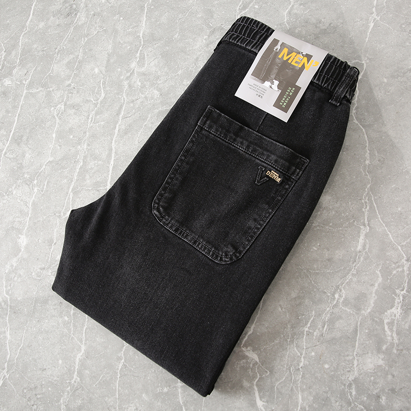 水洗棉混纺松紧腰抽绳时尚百搭修身小脚男士牛仔裤秋显瘦中腰长裤