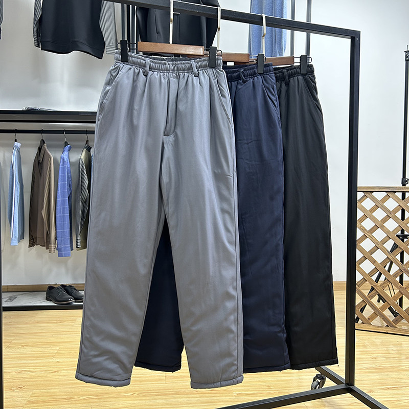 通勤休闲加厚夹棉保暖松紧腰抽绳直筒长裤冬季纯色简约棉服男裤子