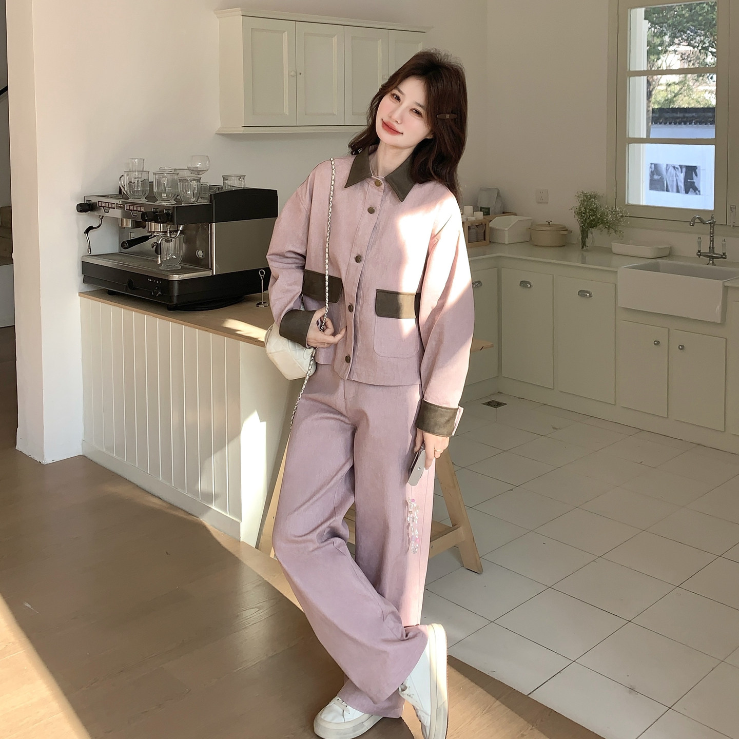 【新品】2026春款牛仔拼接皮撞色两件套2C296-9605-P195K318,女装套装/套裙,2C296