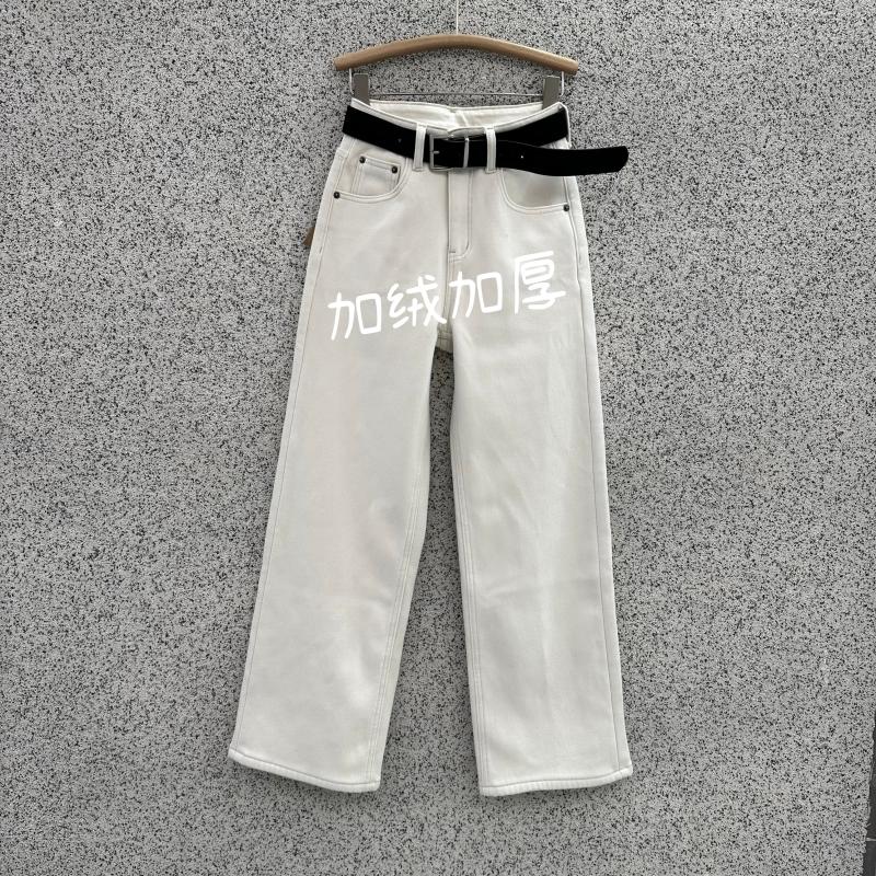 JEANS冬新款爆犀牛25817加绒加厚米白牛仔裤女宽松显瘦直筒拖地裤