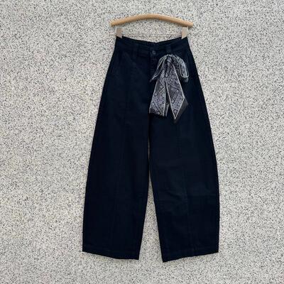 JEANS芭度玄风60775薄绒藏青蓝牛仔裤女宽松显瘦阔腿弯刀裤香蕉裤