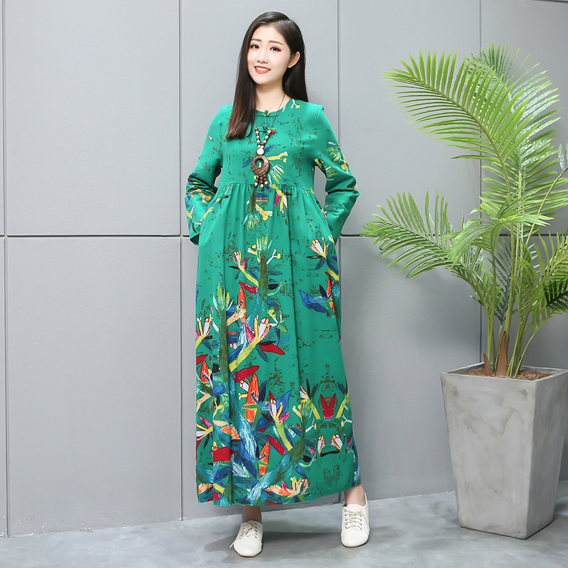 原创秋季女装新款复古文艺宽松中长款袍子连衣裙棉麻印花长袖裙子