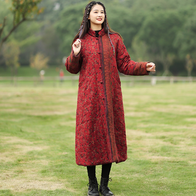 冬季新款女装夹棉民族风碎花棉服棉麻中长款宽松大码棉衣外套棉袍