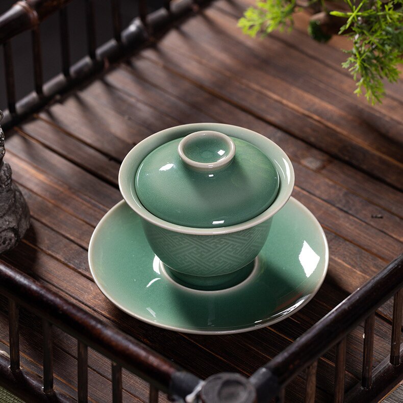 龙泉青瓷三才盖碗泡茶杯茶碗陶瓷单个大号不烫手功夫茶具家用杯子