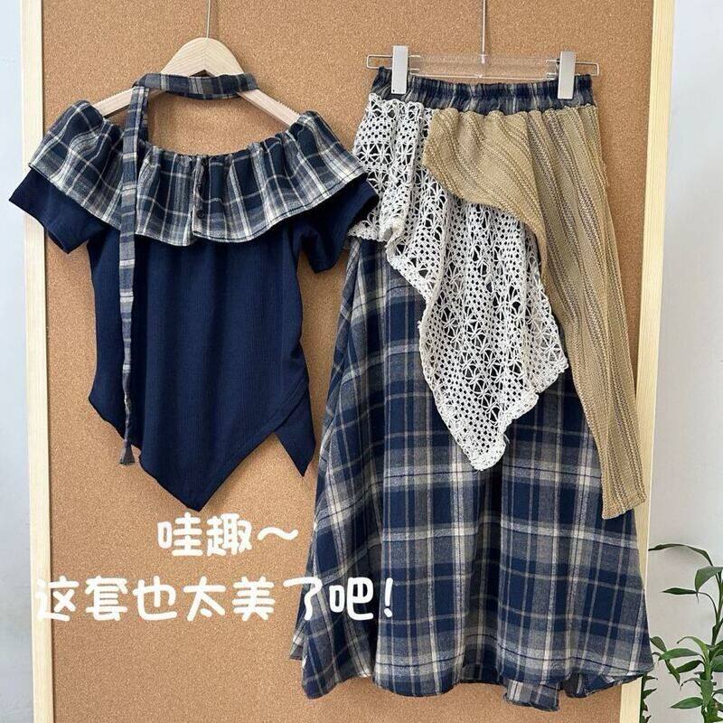 波西米亚复古一字肩格子短袖套装时尚套装