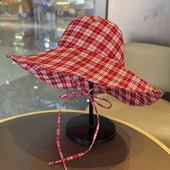 日系格子大帽檐渔夫帽春秋夏季 户外出游甜美海边沙滩遮阳防晒盆帽