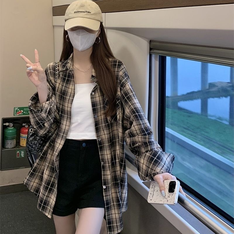 夏季复古港风撞色格子衬衫外套女