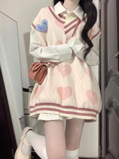 马甲 三件套装 秋冬季 韩版 学院风学生少女粉爱心提花甜美撞色针织衫